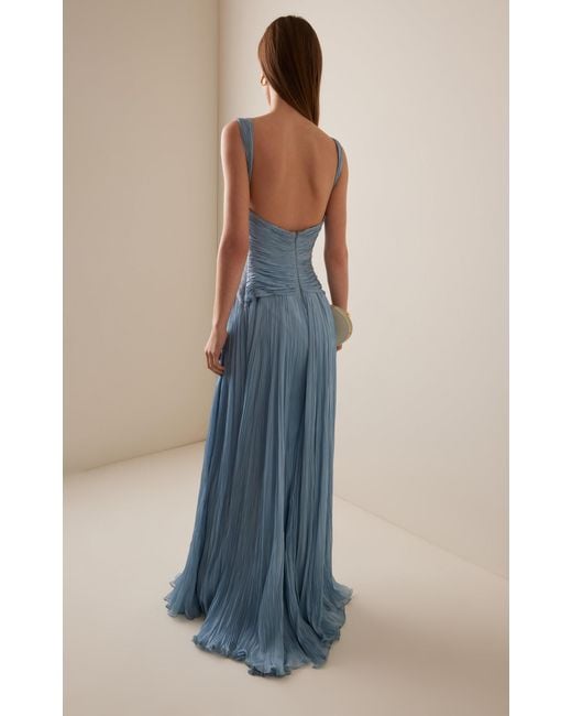 Marmar Halim Blue Lettuce Hem Pleated Silk Gown