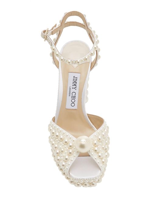 Jimmy Choo White Sacaria Pearl-Embellished Satin Platform Sandals
