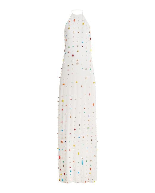 BERNADETTE White Exclusive Francine Embroidered Crepe Maxi Halter Dress