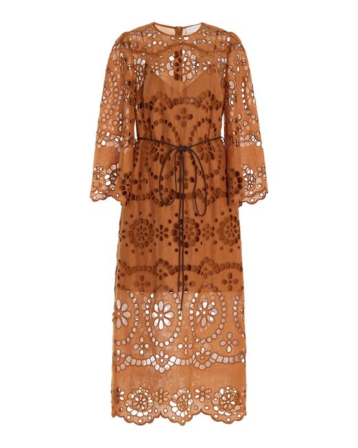 Zimmermann Orange Pop Embroidered Linen Midi Dress