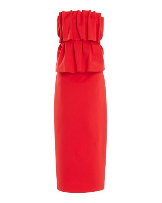 House of Dagmar Red Ruffled Stretch-crepe Strapless Midi Dress