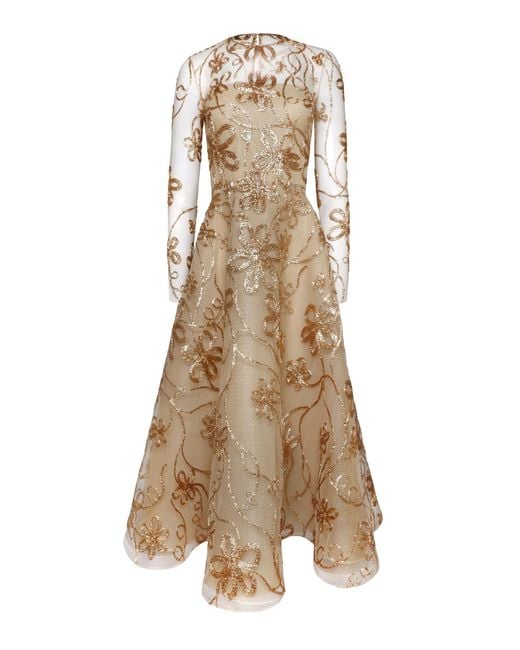 Naeem Khan Natural Tulle-Blend Illusion Raffia Overlay Midi Dress