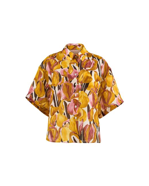 Carolina Herrera Orange Collared Iris Print Silk Gazar Shirt