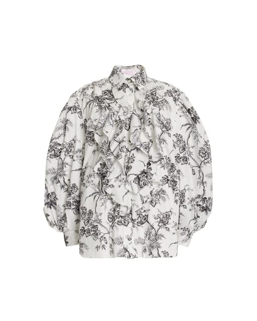 Carolina Herrera Gray Ruffled Puff-sleeve Cotton Shirt