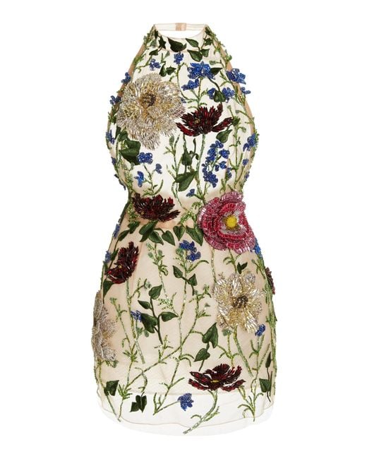 Oscar de la Renta Multicolor Crystal-embellished Embroidered Tulle Mini Halter Dress