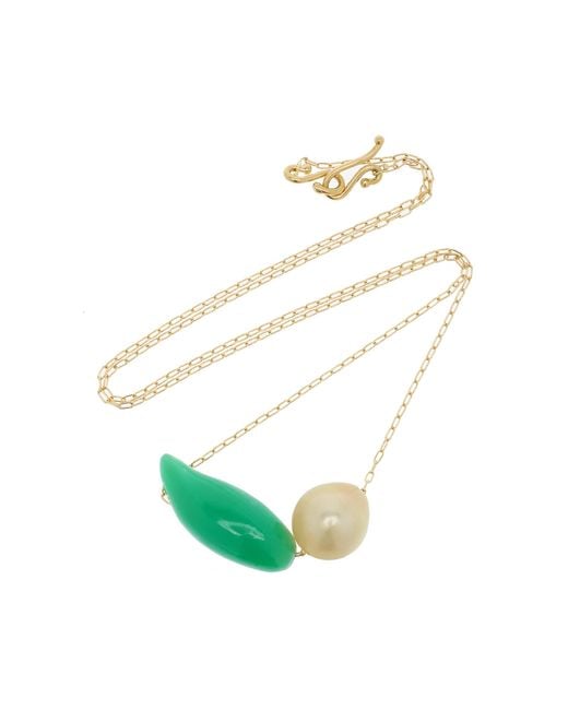 Ten Thousand Things White Bean 18k Yellow Gold Pearl, Chrysoprase Necklace