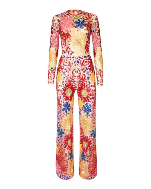 Naeem Khan Red Abstract Floral Beaded Jumpsuit