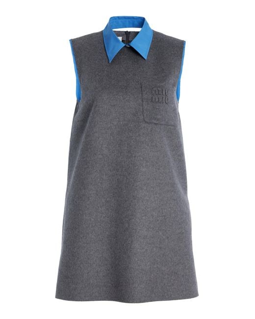 Miu Miu Gray Text-Appliqué Sleeveless Brushed Wool-Blend Mini Dress