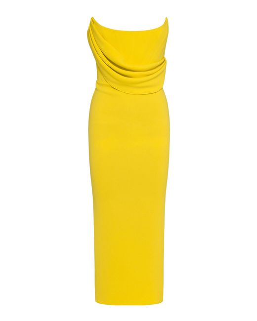Alex Perry Yellow Exclusive Ryland Draped Stretch Crepe Strapless Midi Dress