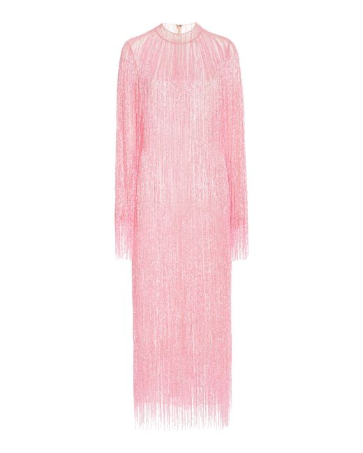 Rodarte Pink High-neck Beaded Fringe Midi Dress