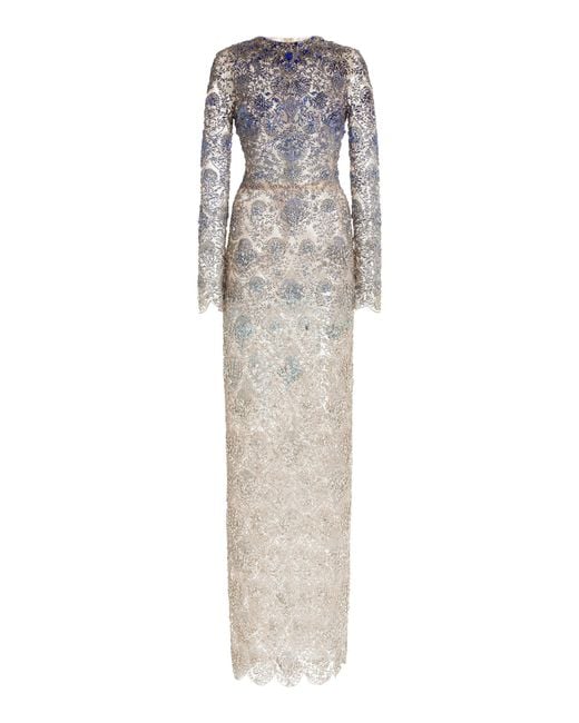 Oscar de la Renta White Crystal-embroidered Ombre Gown