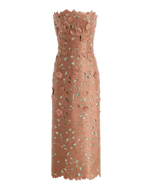 Costarellos Natural Zira Strapless Floral-Cut Lace Midi Dress