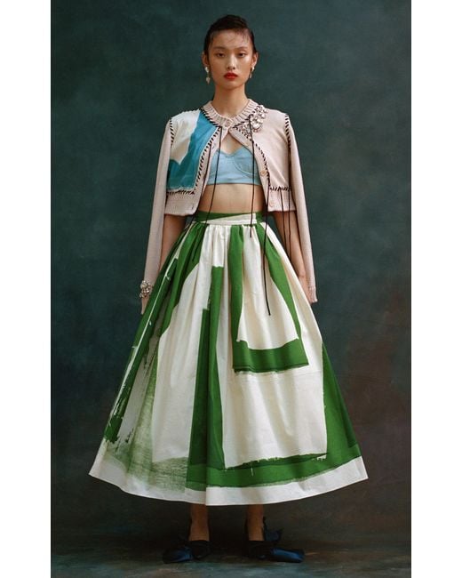 Erdem Green Pleated Cotton Faille Midi Skirt