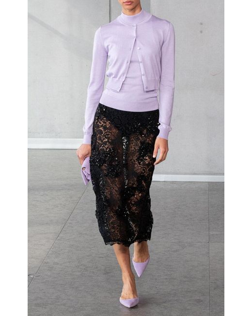 Carolina Herrera Black Embellished Lace Midi Skirt