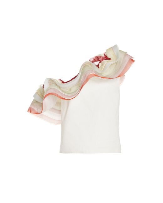 Rosie Assoulin White Organza Ruffled Asymmetric Cotton Top