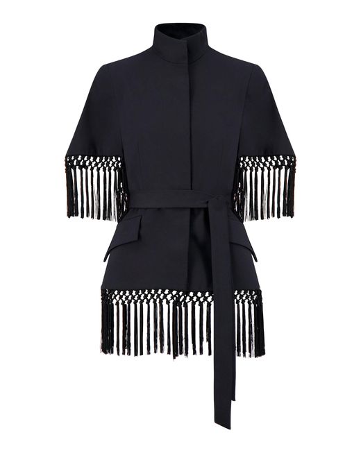 Lela Rose Black Stretch Cotton Fringed Cape