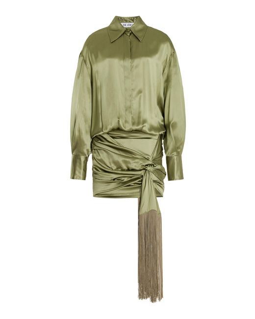 The Attico Green Fringe-detailed Silk Mini Shirt Dress