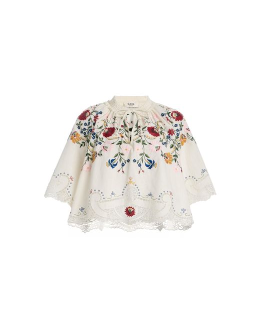 Sea White Celia Embroidered Cotton-Linen Top