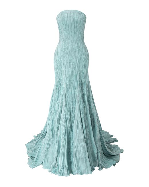Marmar Halim Blue Strapless Pleated Taffeta Mermaid Dress