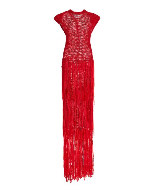 Alejandra Alonso Rojas Red Fringed Crocheted Silk Maxi Dress