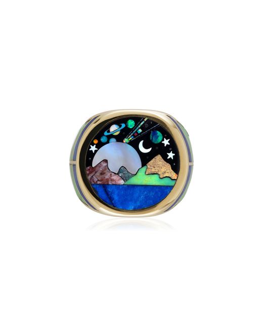 Jacquie Aiche Blue 14K Large Round Onyx; Opal; Mop; Lapis; Malachite Scenic Galaxy Chevron Sides Inlay Ring