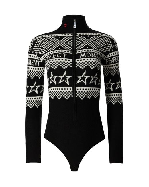 Perfect Moment Black Intarsia-Knit Merino Wool Bodysuit