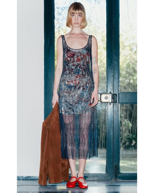 Siedres Blue Danielas Beaded Mesh Midi Dress