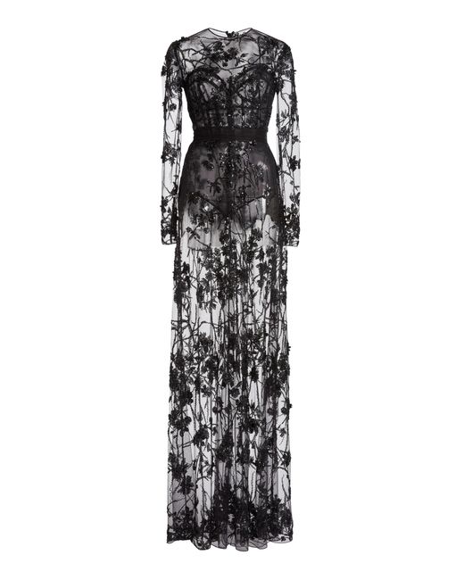 Zuhair Murad White Iron Embroidered Lace Long Sleeves Long Dress