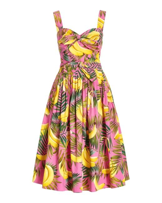 Oscar de la Renta Multicolor Banana-print Stretch-cotton Poplin Midi Dress