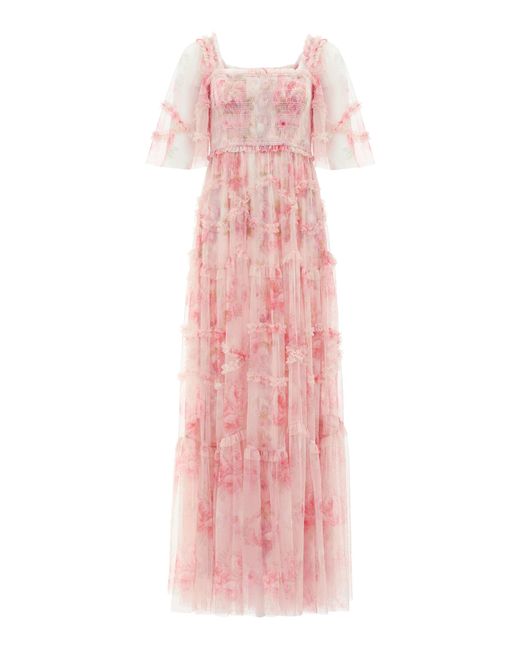Needle & Thread Pink Ruby Bloom Draped Tulle Maxi Dress