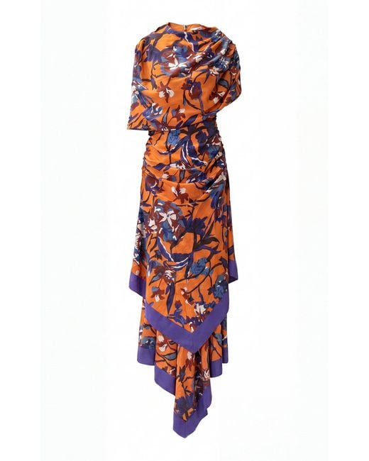 La Fuori Red Coral Twilight Draped Silk Maxi Dress