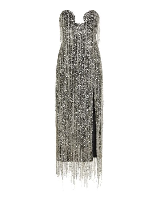 Carolina Herrera Metallic Fringed Embellished Silk Midi Dress