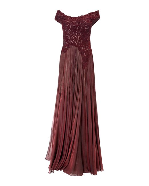 Marmar Halim Purple Lace-trimmed Off-the-shoulder Velvet-chiffon Gown