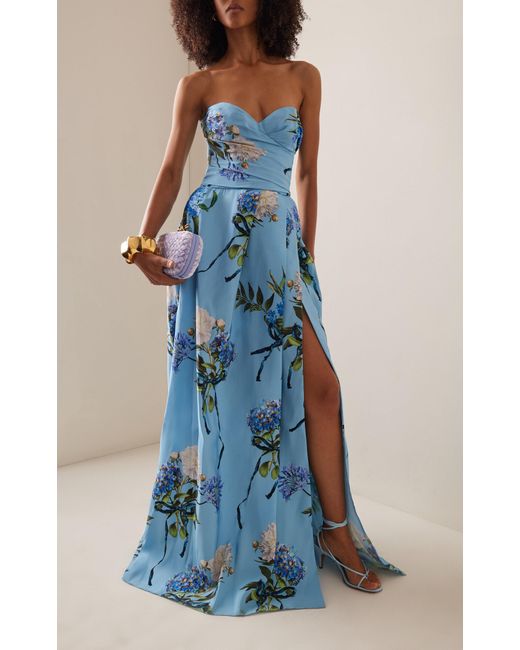 Monique Lhuillier Blue Printed Strapless Silk Gown