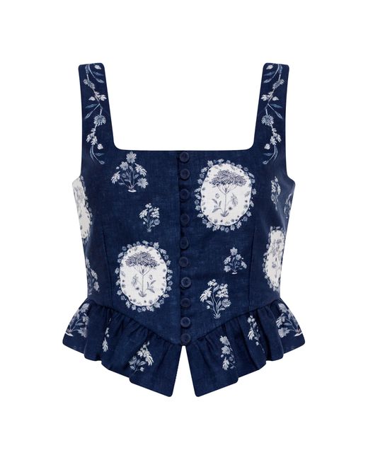 Agua Bendita Blue Eslabon Button-Front Linen Cropped Top