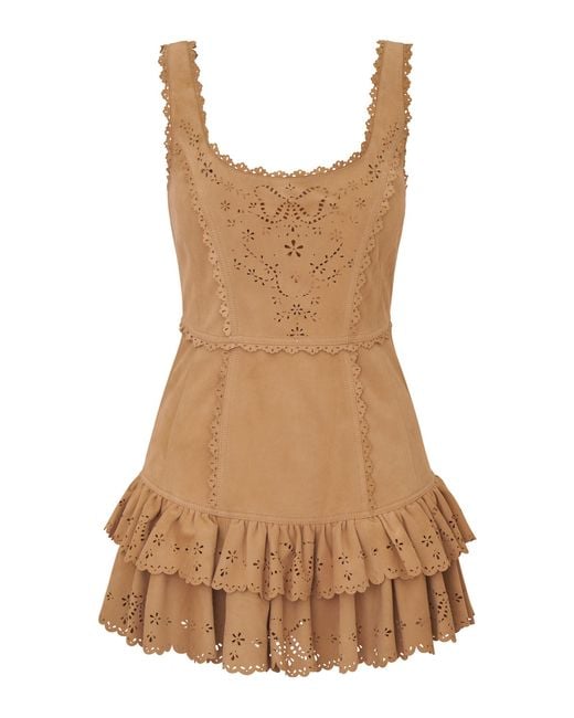 LoveShackFancy Brown Chrysanthe Ruffled Leather Mini Dress