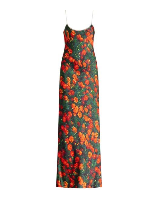 Bevza Red Marigold Printed Satin Maxi Slip Dress