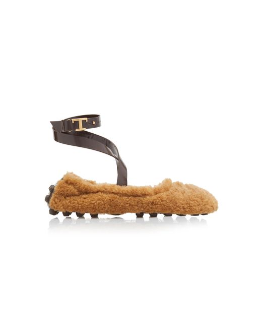 Tod's White Ankle Strap Bubble Ballerina Shearling Flats