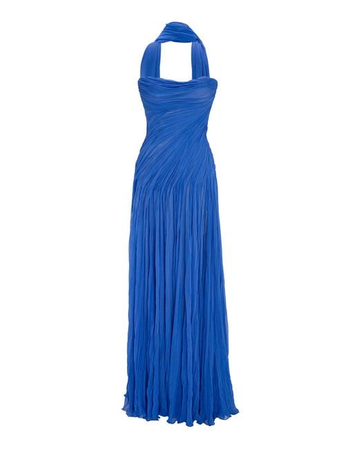 Marmar Halim Blue Scarf-Detail Hand-Pleated Silk Gown