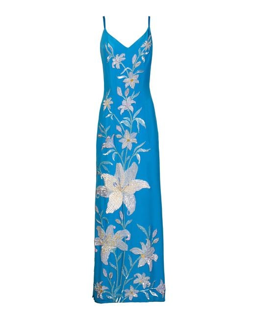 La Fuori Blue Aqua Lily Garden Emb Embroidered Silk Dress