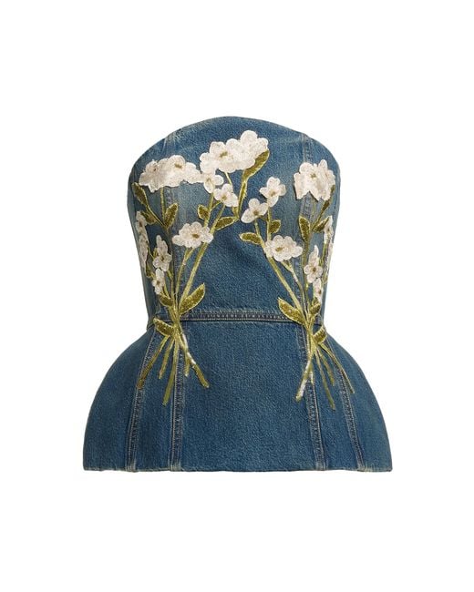 Elie Saab Green Floral-Embellished Denim Corset