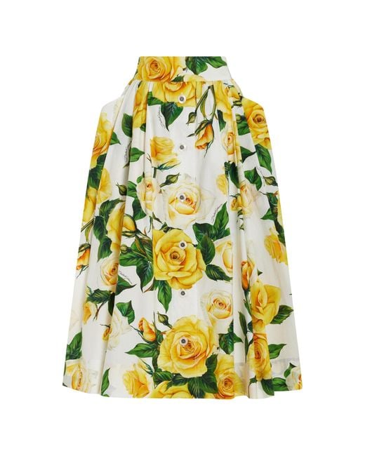 Dolce & Gabbana Yellow Button-down Floral Cotton Midi Skirt