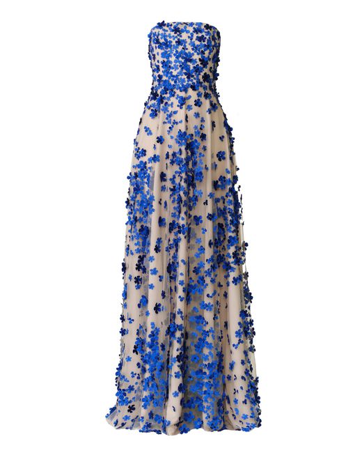 Naeem Khan Blue Beaded Floral Bustier Strapless Gown