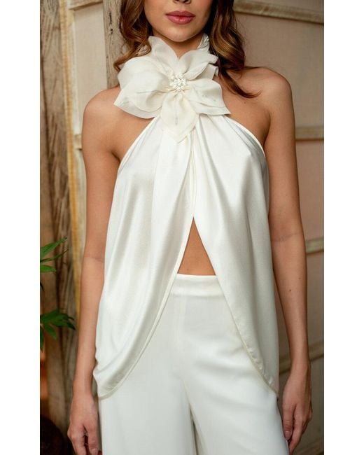 ANDRES OTALORA White Patronal Floral-appliquéd Silk Halter Top