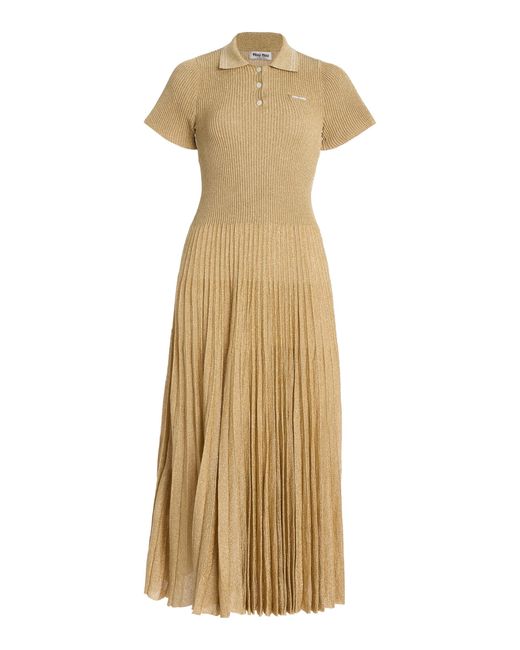 Miu Miu Natural Metallic Ribbed-Knit Midi Dress