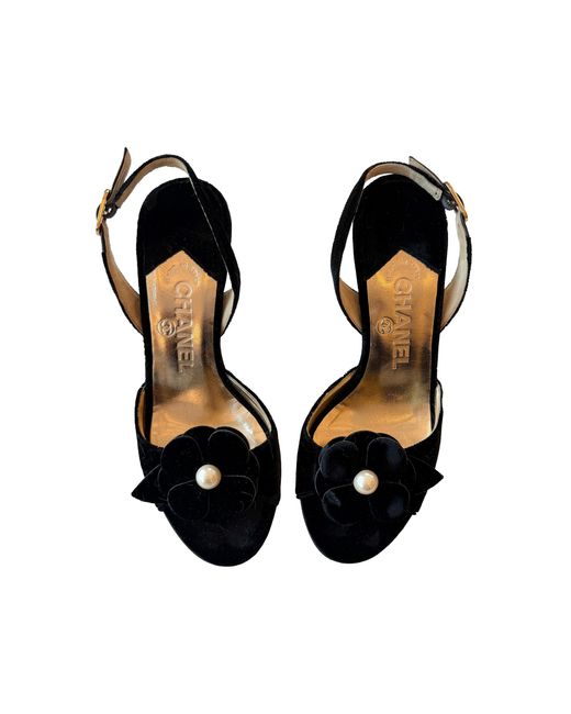 Dear Clementine Vintage Black Chanel Velvet Camellia Pearl Slingback Heels
