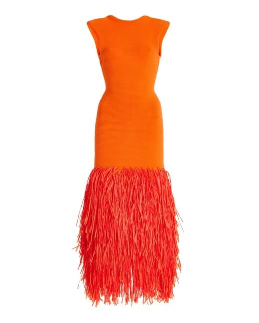 Aje. Rushes Raffia Knit Midi Dress in Red | Lyst