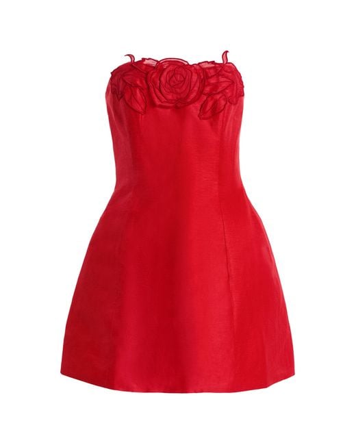 LEO LIN Red Exclusive Rosario Appliquéd Linen Bustier Mini Dress