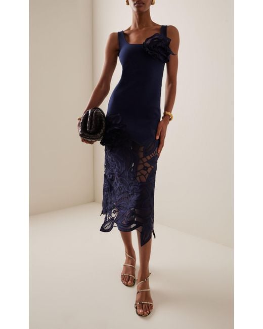 Oscar de la Renta Blue Rose-Guipure Knit Midi Dress