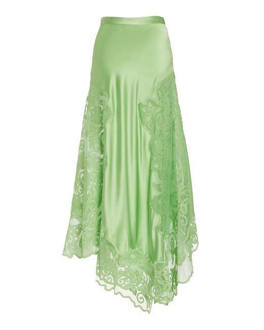 Ulla Johnson Green Cressida Lace-trimmed Silk Midi Skirt